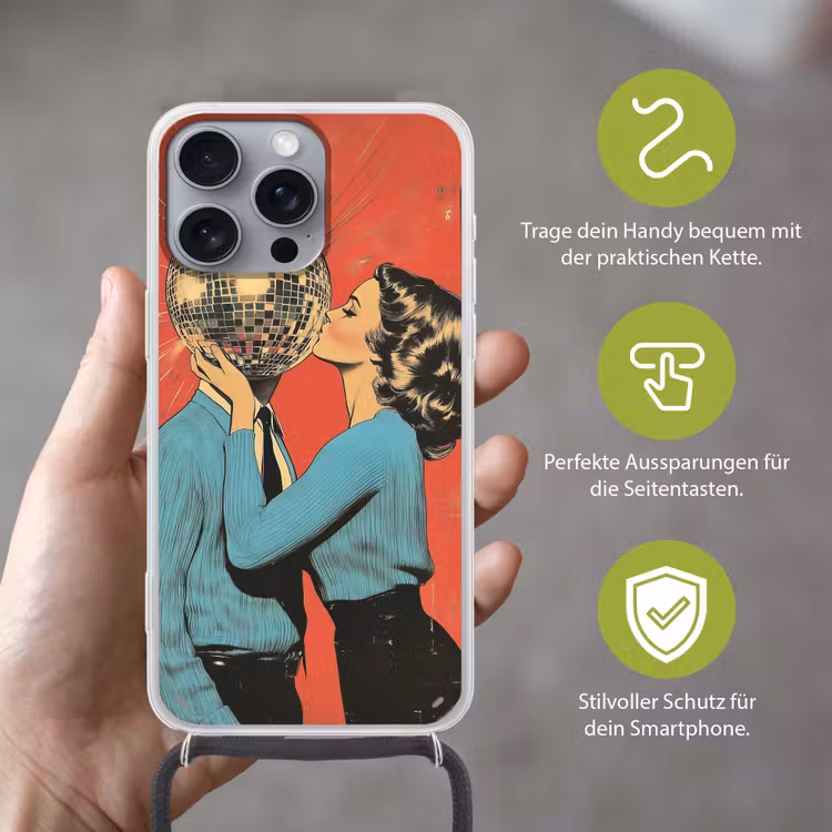 Vrouw - Retro - Discobal - Kus Hoesje iPhone 16 Pro Max met koord klein -sfeer2_DE