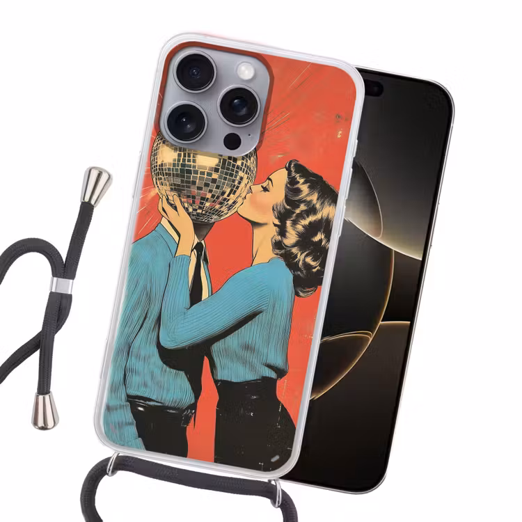 Vrouw - Retro - Discobal - Kus Hoesje iPhone 16 Pro Max met koord klein -sfeer1