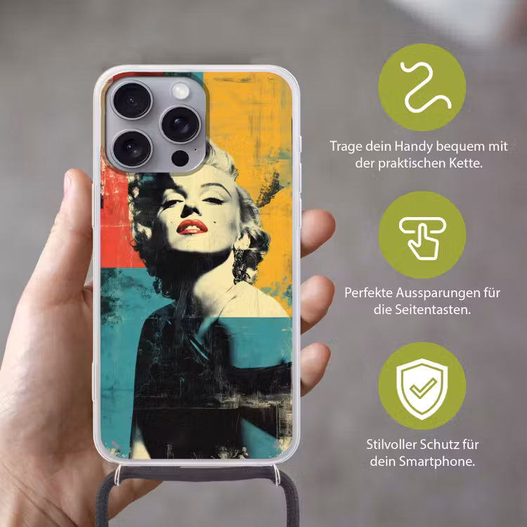 Vrouw - Rode lippen - Abstracte kleurvlakken - Popartuistraling Hoesje iPhone 16 Pro Max met koord klein -sfeer2_DE