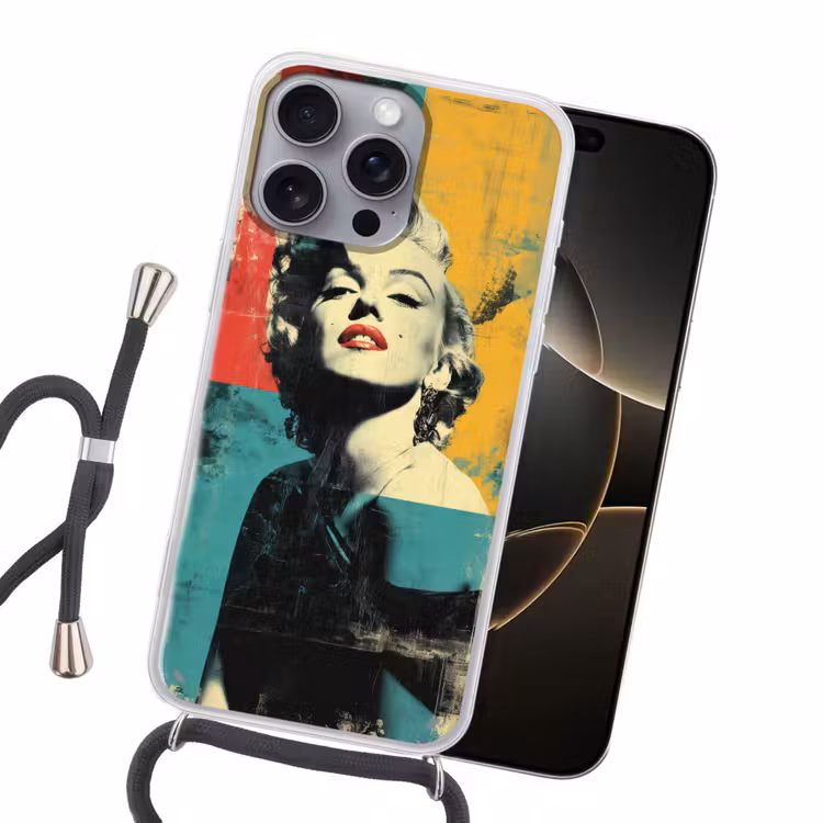 Vrouw - Rode lippen - Abstracte kleurvlakken - Popartuistraling Hoesje iPhone 16 Pro Max met koord klein -sfeer1