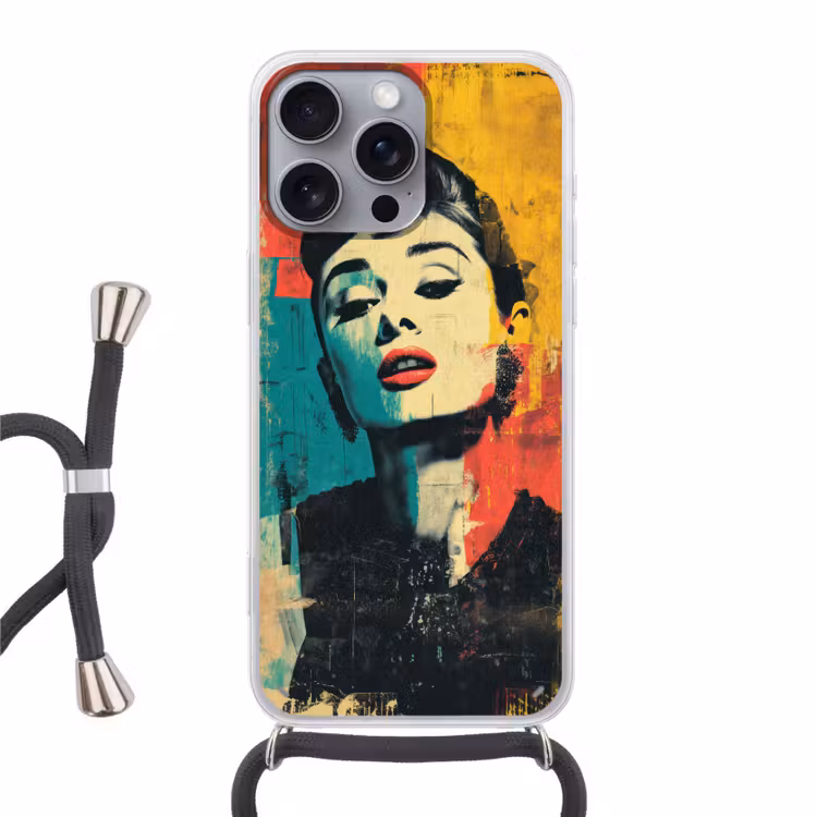 Vrouw - Rode lippen - Expressief - Grafisch Hoesje iPhone 16 Pro Max met koord klein -3d