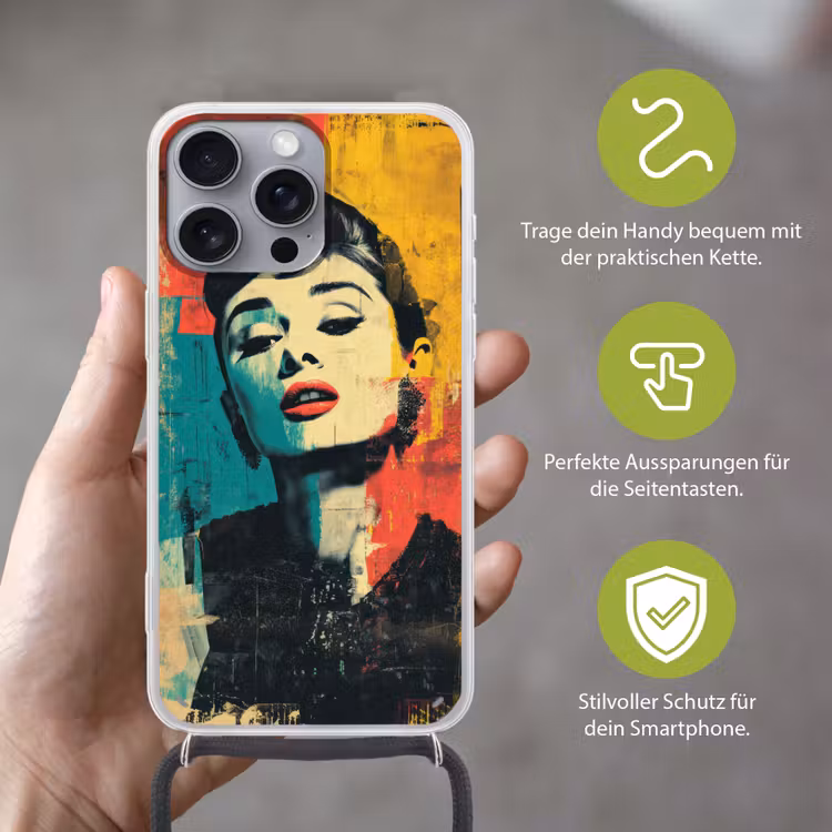 Vrouw - Rode lippen - Expressief - Grafisch Hoesje iPhone 16 Pro Max met koord klein -sfeer2_DE