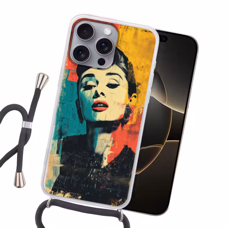Vrouw - Rode lippen - Expressief - Grafisch Hoesje iPhone 16 Pro Max met koord klein -sfeer1