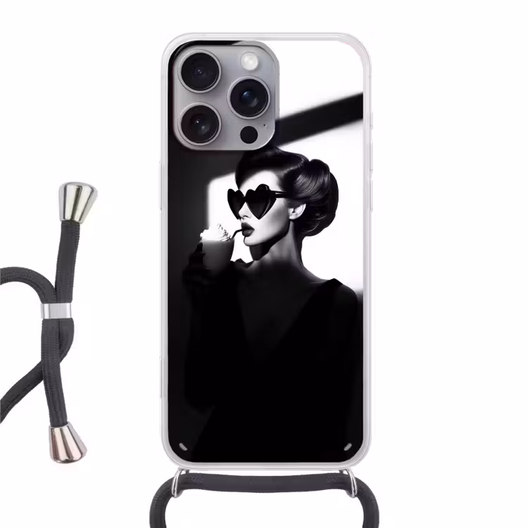 Vrouw - Zwart - Hart Hoesje iPhone 16 Pro Max met koord klein -3d