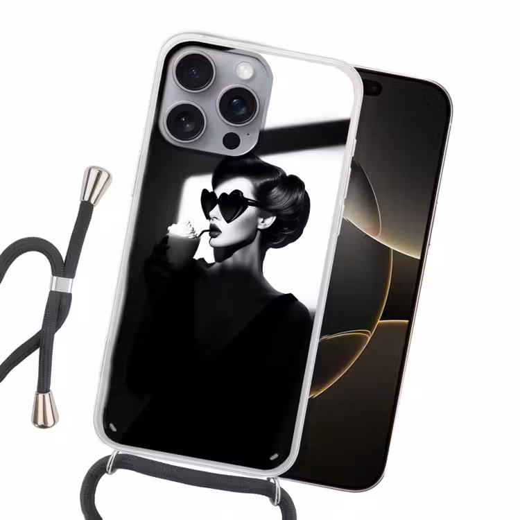 Vrouw - Zwart - Hart Hoesje iPhone 16 Pro Max met koord klein -sfeer1