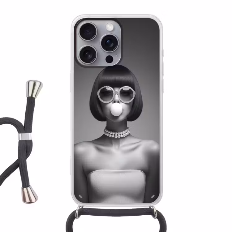 Vrouw - Zwart Wit - Ketting - Zonnebril Hoesje iPhone 16 Pro Max met koord klein -3d