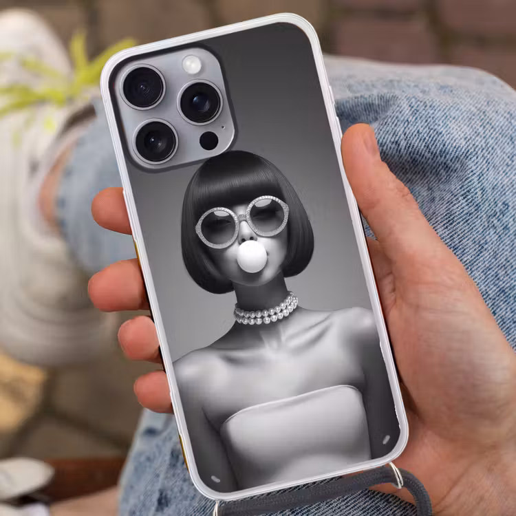 Vrouw - Zwart Wit - Ketting - Zonnebril Hoesje iPhone 16 Pro Max met koord klein -sfeer3
