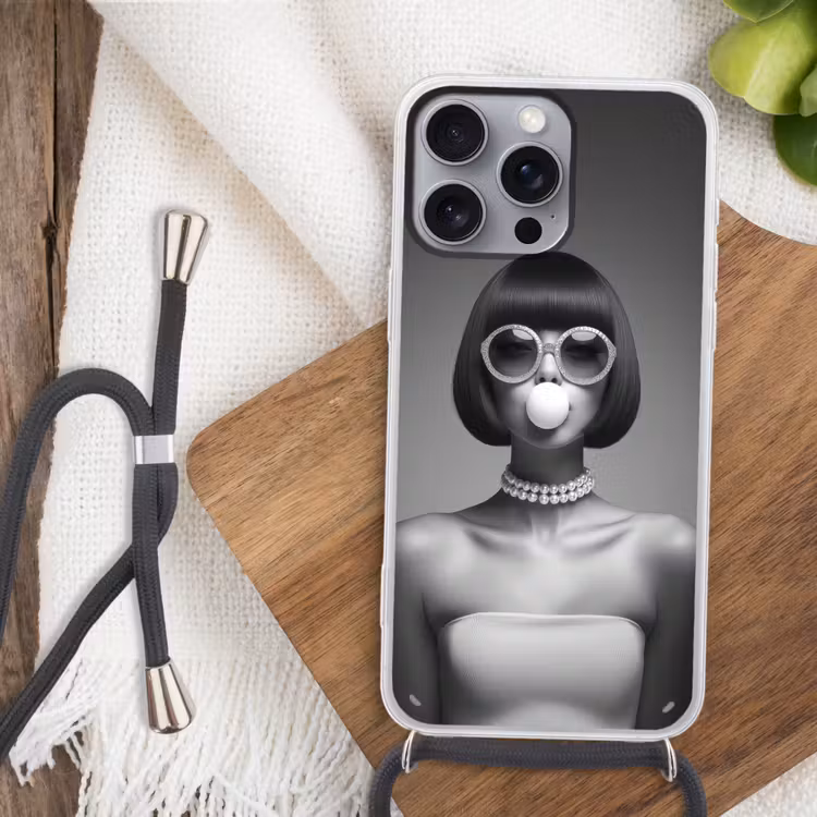 Vrouw - Zwart Wit - Ketting - Zonnebril Hoesje iPhone 16 Pro Max met koord klein -sfeer4