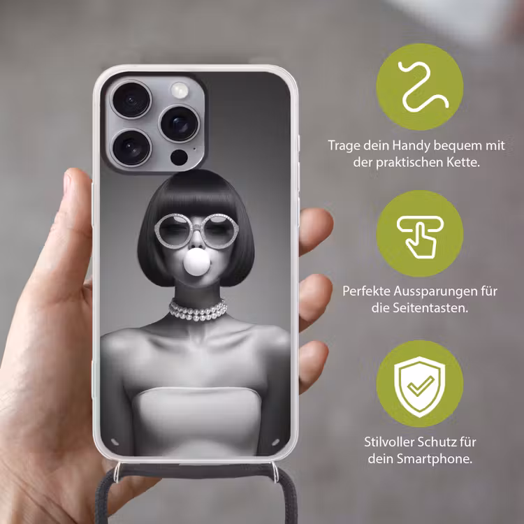 Vrouw - Zwart Wit - Ketting - Zonnebril Hoesje iPhone 16 Pro Max met koord klein -sfeer2_DE
