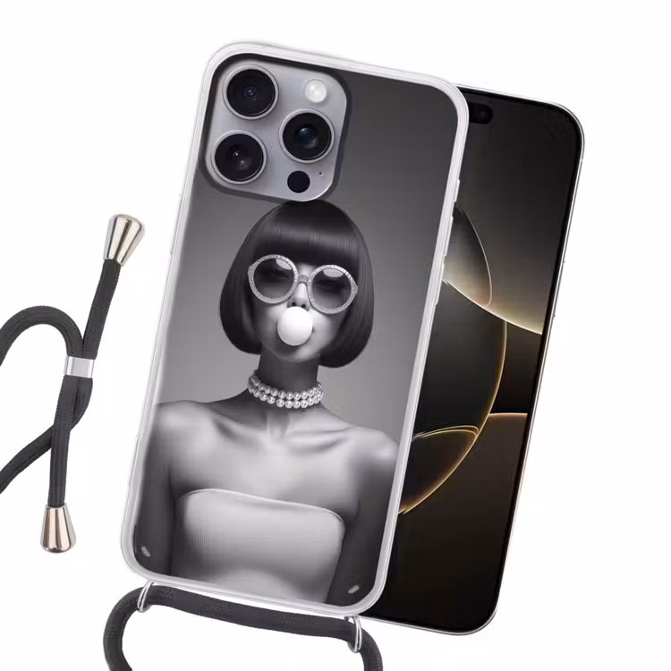 Vrouw - Zwart Wit - Ketting - Zonnebril Hoesje iPhone 16 Pro Max met koord klein -sfeer1