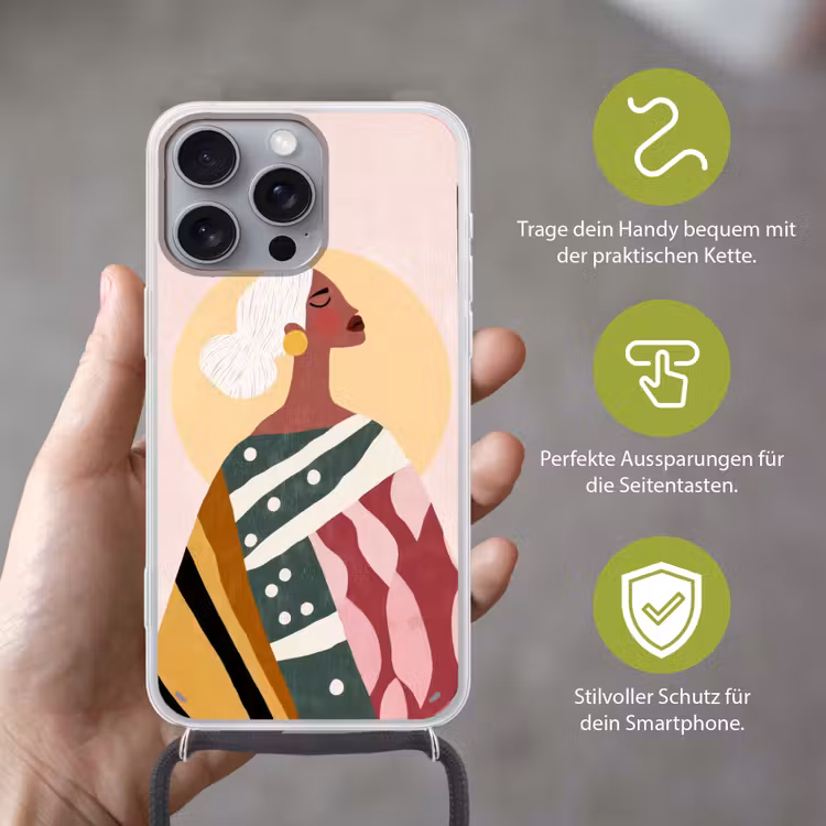 Vrouw - Zon - Kleurrijk Hoesje iPhone 16 Pro Max met koord klein -sfeer2_DE