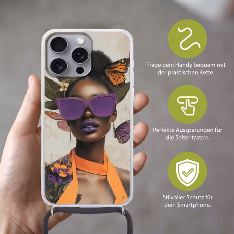 Vrouw - Zonnebril - Vlinder - Bloemen Hoesje iPhone 16 Pro Max met koord klein -sfeer2_DE