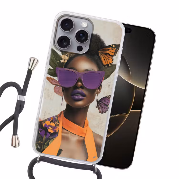 Vrouw - Zonnebril - Vlinder - Bloemen Hoesje iPhone 16 Pro Max met koord klein -sfeer1