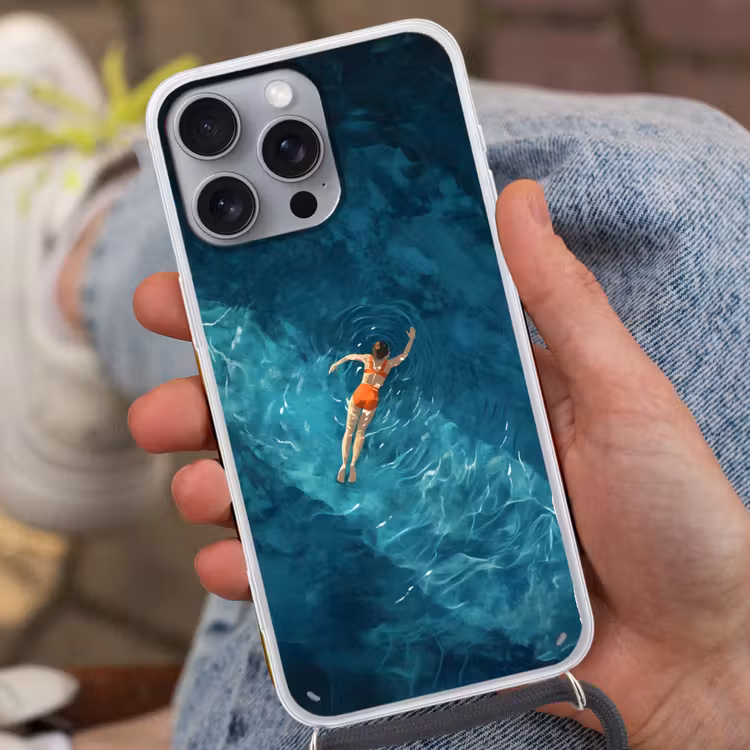 Vrouw - Water - Bikini - Oranje Hoesje iPhone 16 Pro Max met koord klein -sfeer3