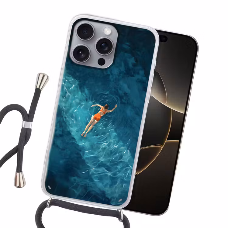 Vrouw - Water - Bikini - Oranje Hoesje iPhone 16 Pro Max met koord klein -sfeer1