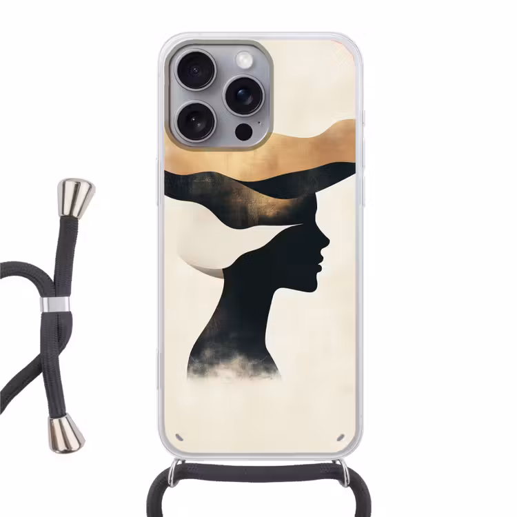 Vrouw - Golven - Zwart Hoesje iPhone 16 Pro Max met koord klein -3d