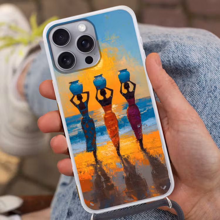 Vrouwen - Strand - Zondsondergang Hoesje iPhone 16 Pro Max met koord klein -sfeer3