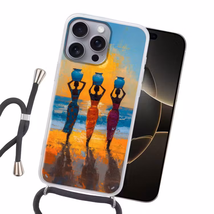 Vrouwen - Strand - Zondsondergang Hoesje iPhone 16 Pro Max met koord klein -sfeer1