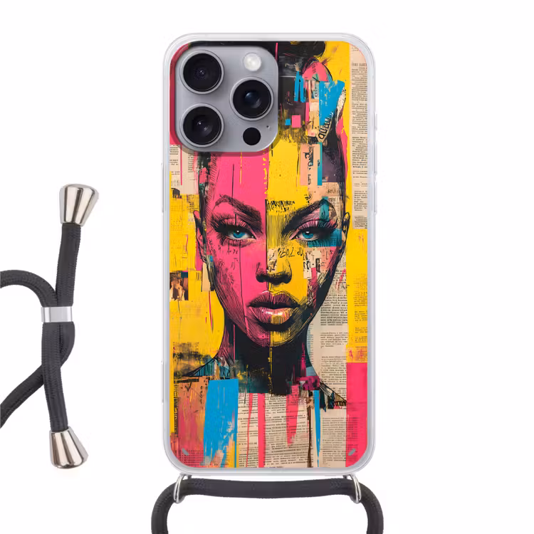 Vrouwengezicht - Krantenpapier - Abstract - Roze Hoesje iPhone 16 Pro Max met koord klein -3d