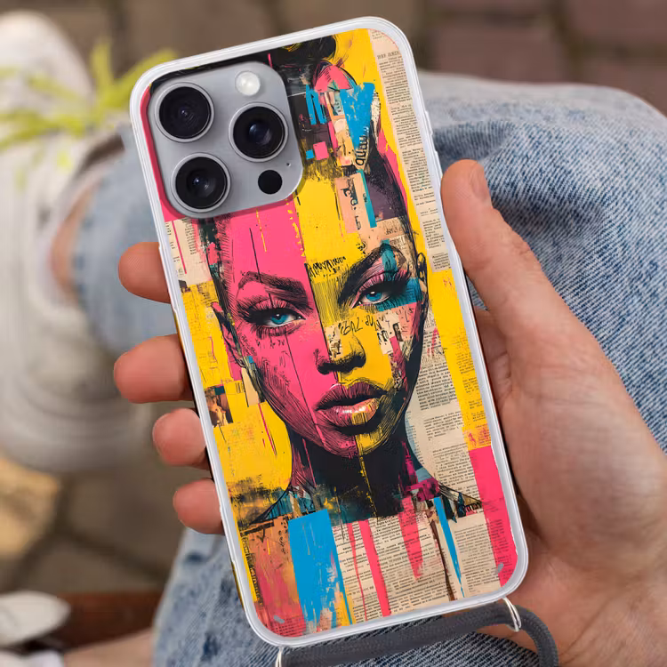 Vrouwengezicht - Krantenpapier - Abstract - Roze Hoesje iPhone 16 Pro Max met koord klein -sfeer3