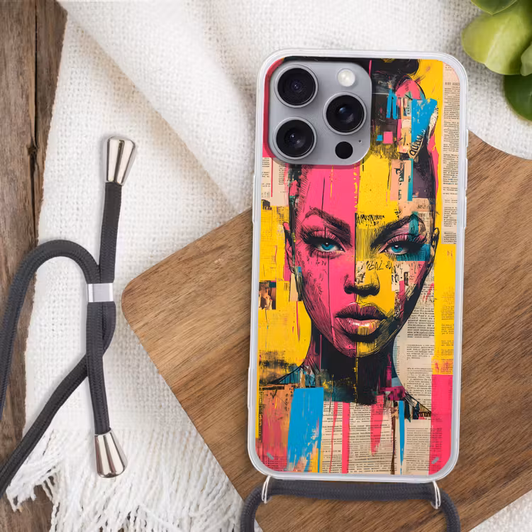 Vrouwengezicht - Krantenpapier - Abstract - Roze Hoesje iPhone 16 Pro Max met koord klein -sfeer4