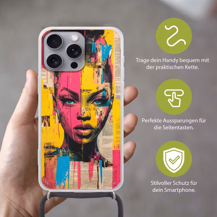Vrouwengezicht - Krantenpapier - Abstract - Roze Hoesje iPhone 16 Pro Max met koord klein -sfeer2_DE