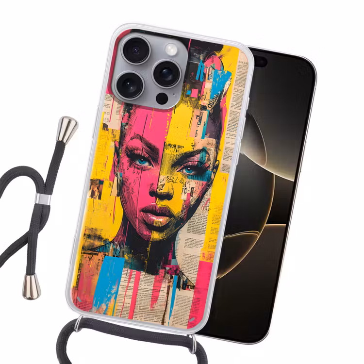 Vrouwengezicht - Krantenpapier - Abstract - Roze Hoesje iPhone 16 Pro Max met koord klein -sfeer1
