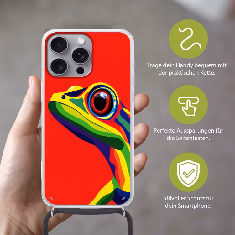 Kikker - Kleurrijk - Strepen - Ogen Hoesje iPhone 16 Pro Max met koord klein -sfeer2_DE