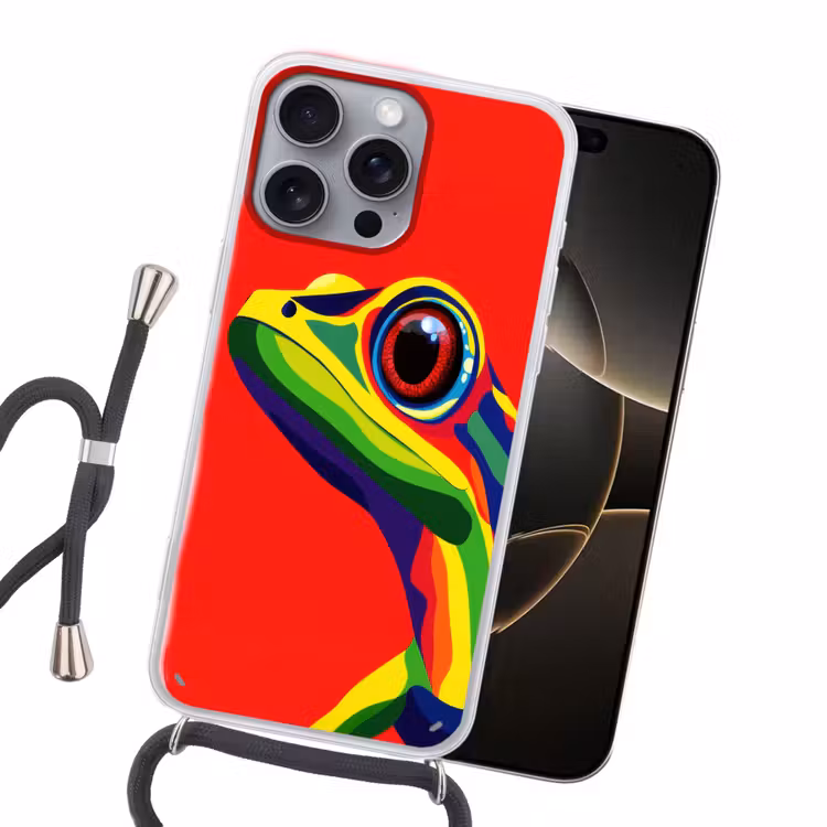Kikker - Kleurrijk - Strepen - Ogen Hoesje iPhone 16 Pro Max met koord klein -sfeer1