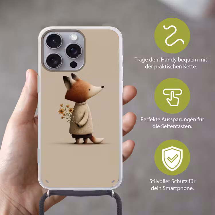 Vos - Gele bloemen - Minimalistisch Hoesje iPhone 16 Pro Max met koord klein -sfeer2_DE