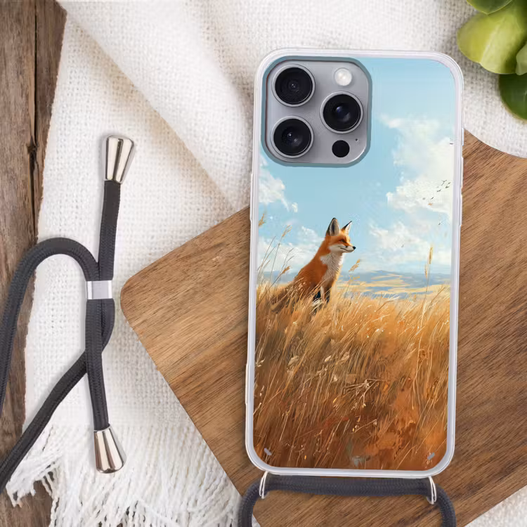 Vos - Gras - Wolken - Oranje Hoesje iPhone 16 Pro Max met koord klein -sfeer4