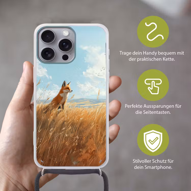 Vos - Gras - Wolken - Oranje Hoesje iPhone 16 Pro Max met koord klein -sfeer2_DE