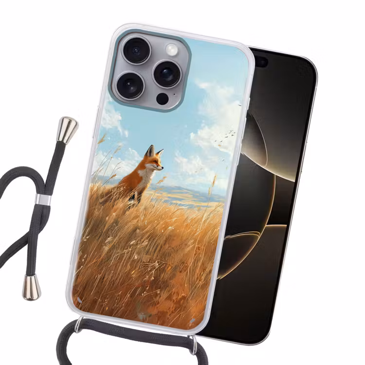 Vos - Gras - Wolken - Oranje Hoesje iPhone 16 Pro Max met koord klein -sfeer1