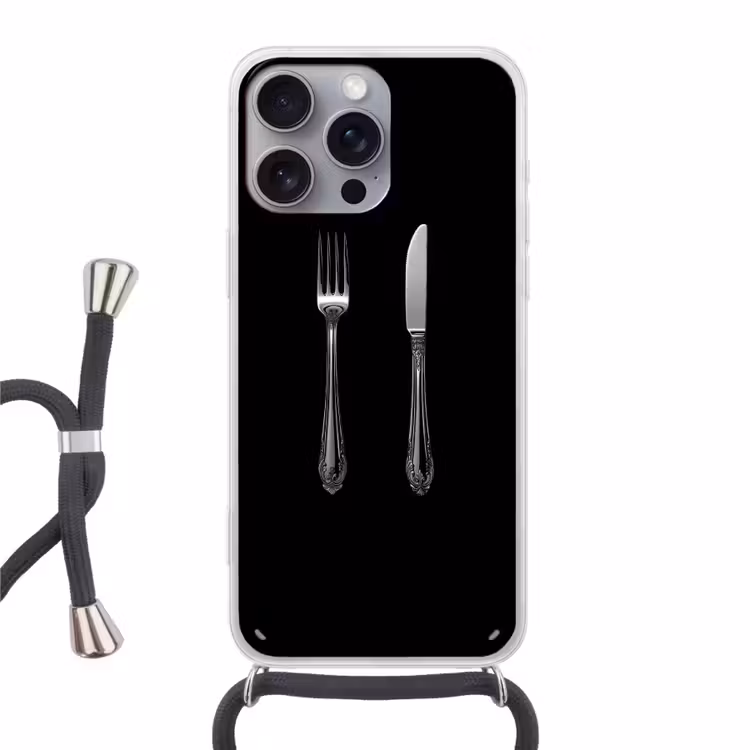 Vork - Mes - Zilver Hoesje iPhone 16 Pro Max met koord klein -3d