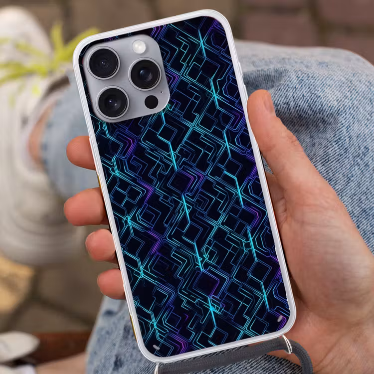 Gaming - Ruitvormen - Abstract - Neon - Paars Hoesje iPhone 16 Pro Max met koord klein -sfeer3