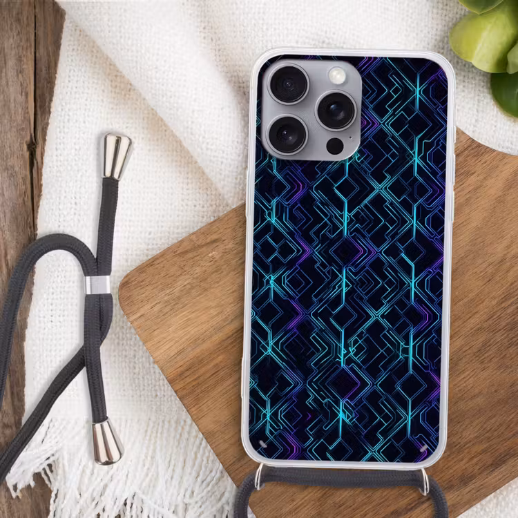 Gaming - Ruitvormen - Abstract - Neon - Paars Hoesje iPhone 16 Pro Max met koord klein -sfeer4