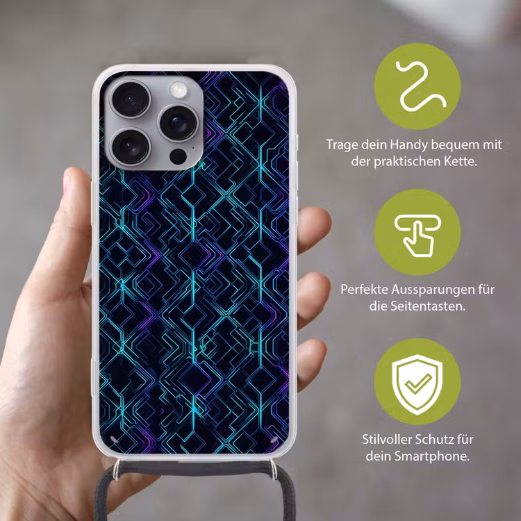 Gaming - Ruitvormen - Abstract - Neon - Paars Hoesje iPhone 16 Pro Max met koord klein -sfeer2_DE