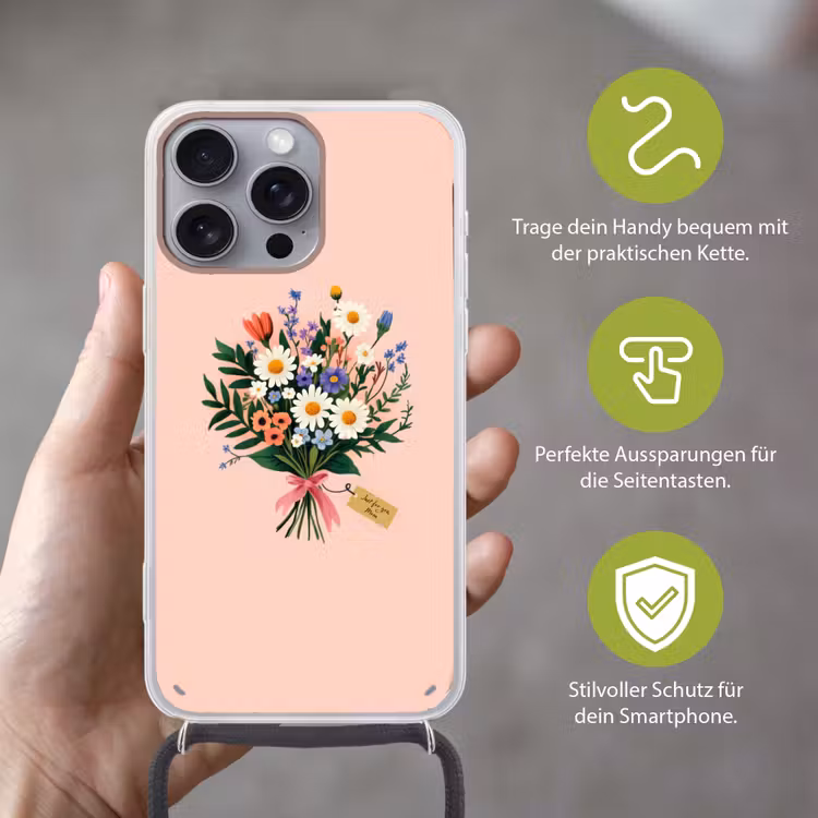 Margrieten - Boeket - Strikje - Roze Hoesje iPhone 16 Pro Max met koord klein -sfeer2_DE
