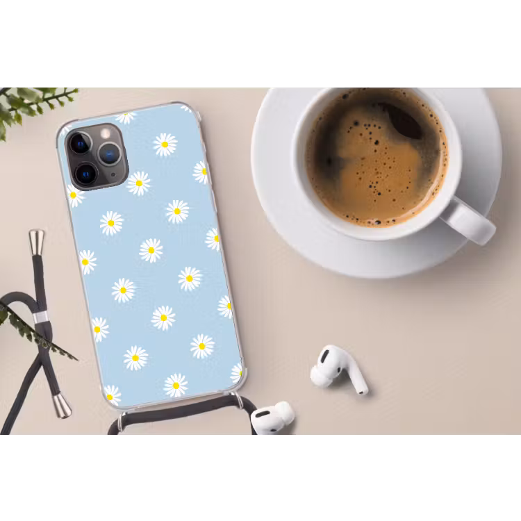 Madeliefjes - Pastel - Wit - Blauw - Bloemen Hoesje iPhone 12 Pro met koord klein -oordop