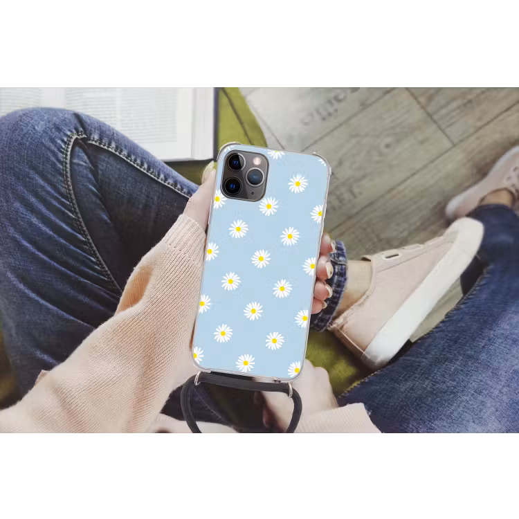 Madeliefjes - Pastel - Wit - Blauw - Bloemen Hoesje iPhone 12 Pro met koord klein -hand