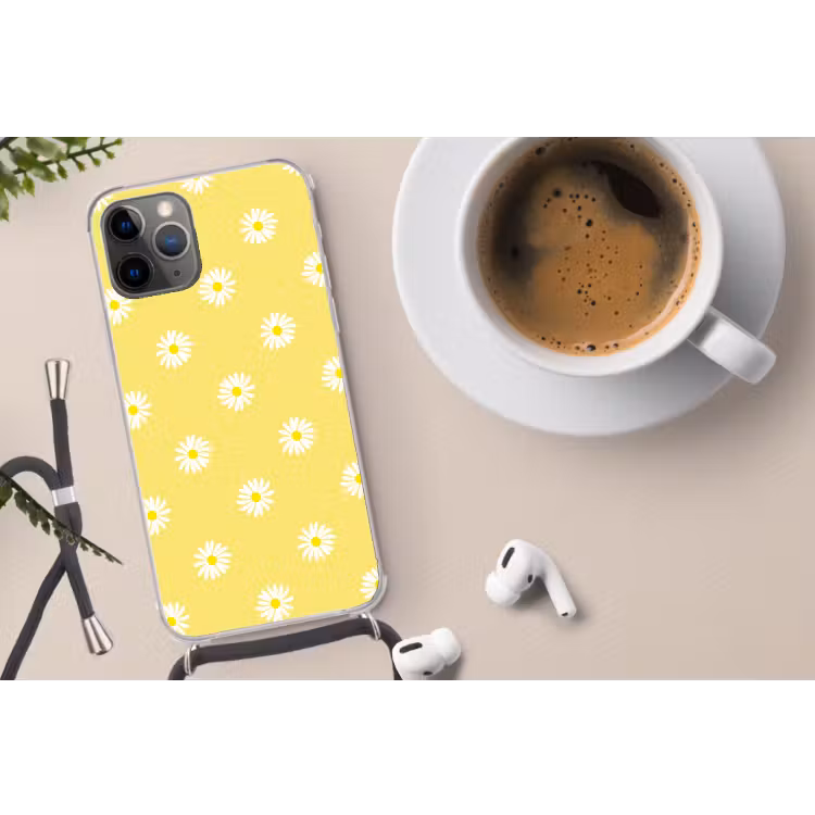 Madeliefjes - Pastel - Wit - Geel - Bloemen Hoesje iPhone 12 Pro met koord klein -oordop