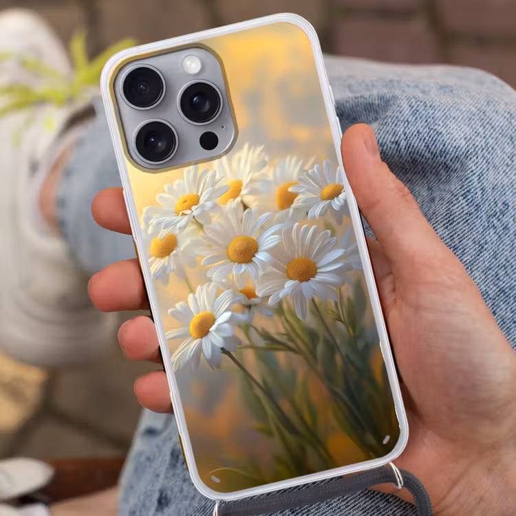 Madeliefjes - Wit - Zonlicht Hoesje iPhone 16 Pro Max met koord klein -sfeer3