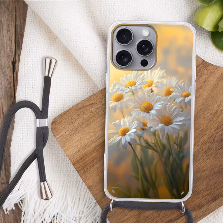 Madeliefjes - Wit - Zonlicht Hoesje iPhone 16 Pro Max met koord klein -sfeer4