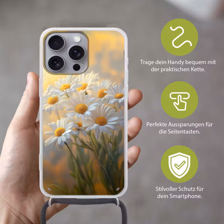 Madeliefjes - Wit - Zonlicht Hoesje iPhone 16 Pro Max met koord klein -sfeer2_DE