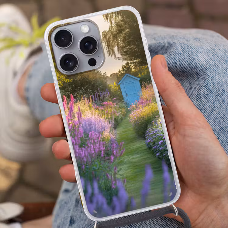 Tuinhuisje - Blauw - Bloemen Hoesje iPhone 16 Pro Max met koord klein -sfeer3