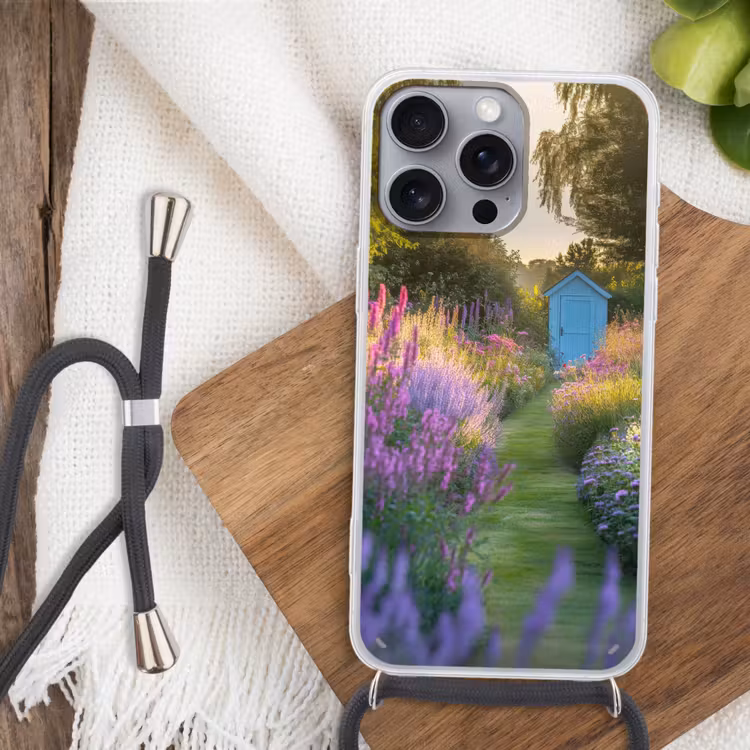 Tuinhuisje - Blauw - Bloemen Hoesje iPhone 16 Pro Max met koord klein -sfeer4