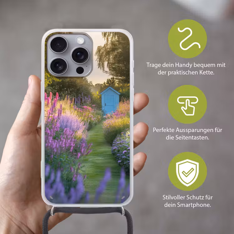 Tuinhuisje - Blauw - Bloemen Hoesje iPhone 16 Pro Max met koord klein -sfeer2_DE