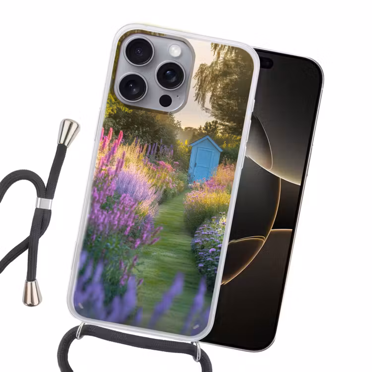 Tuinhuisje - Blauw - Bloemen Hoesje iPhone 16 Pro Max met koord klein -sfeer1