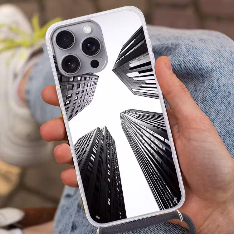 Gebouwen - Lucht - Zwart Hoesje iPhone 16 Pro Max met koord klein -sfeer3