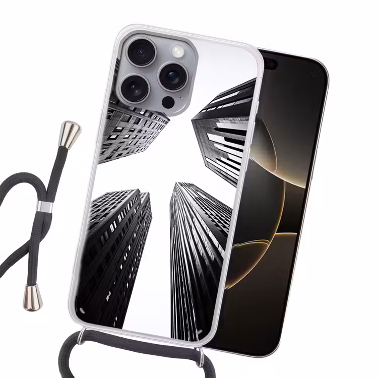 Gebouwen - Lucht - Zwart Hoesje iPhone 16 Pro Max met koord klein -sfeer1